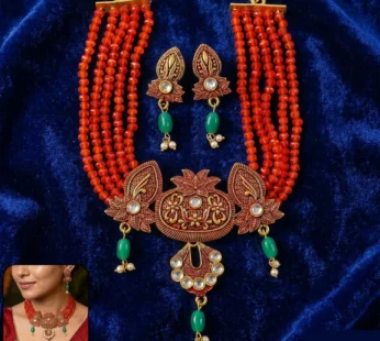 Red Beaded Ethnic Necklace Set with Earrings – Adjustable Thread