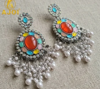 Oxidized Oval Earrings with Multicolor Stones & Pearl Tassel Drops