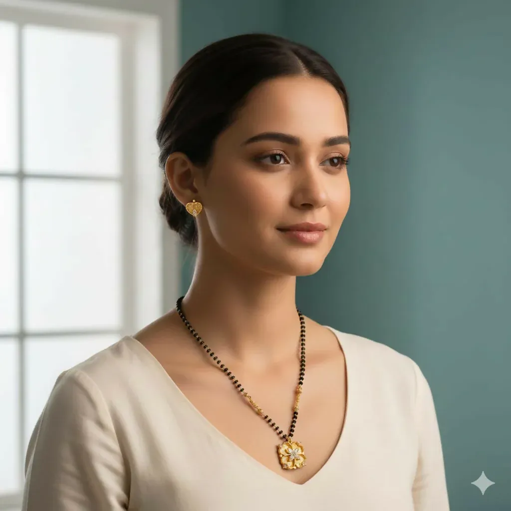 Gold Plated AD Heart Stud Earrings & Floral Mangalsutra Set for women - Detailed Feature View 1