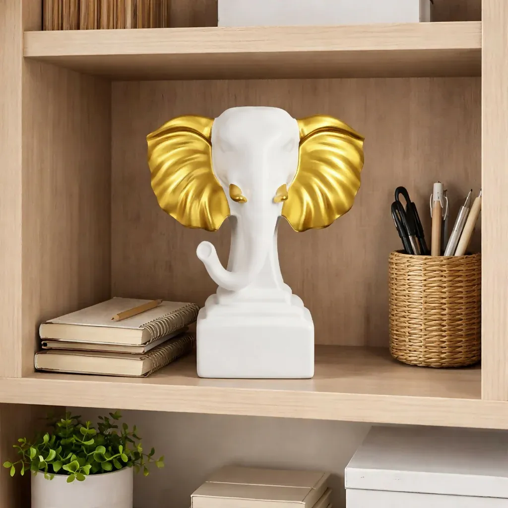 White Gold Elephant Showpiece Decorative Home Statue - Detailed Feature View 1