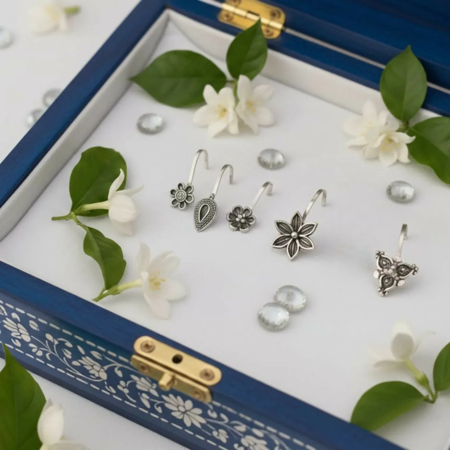Oxidized Silver Traditional Floral Nose Pins Combo for Women & Girls (Pack of 5) - Detailed Feature View 3