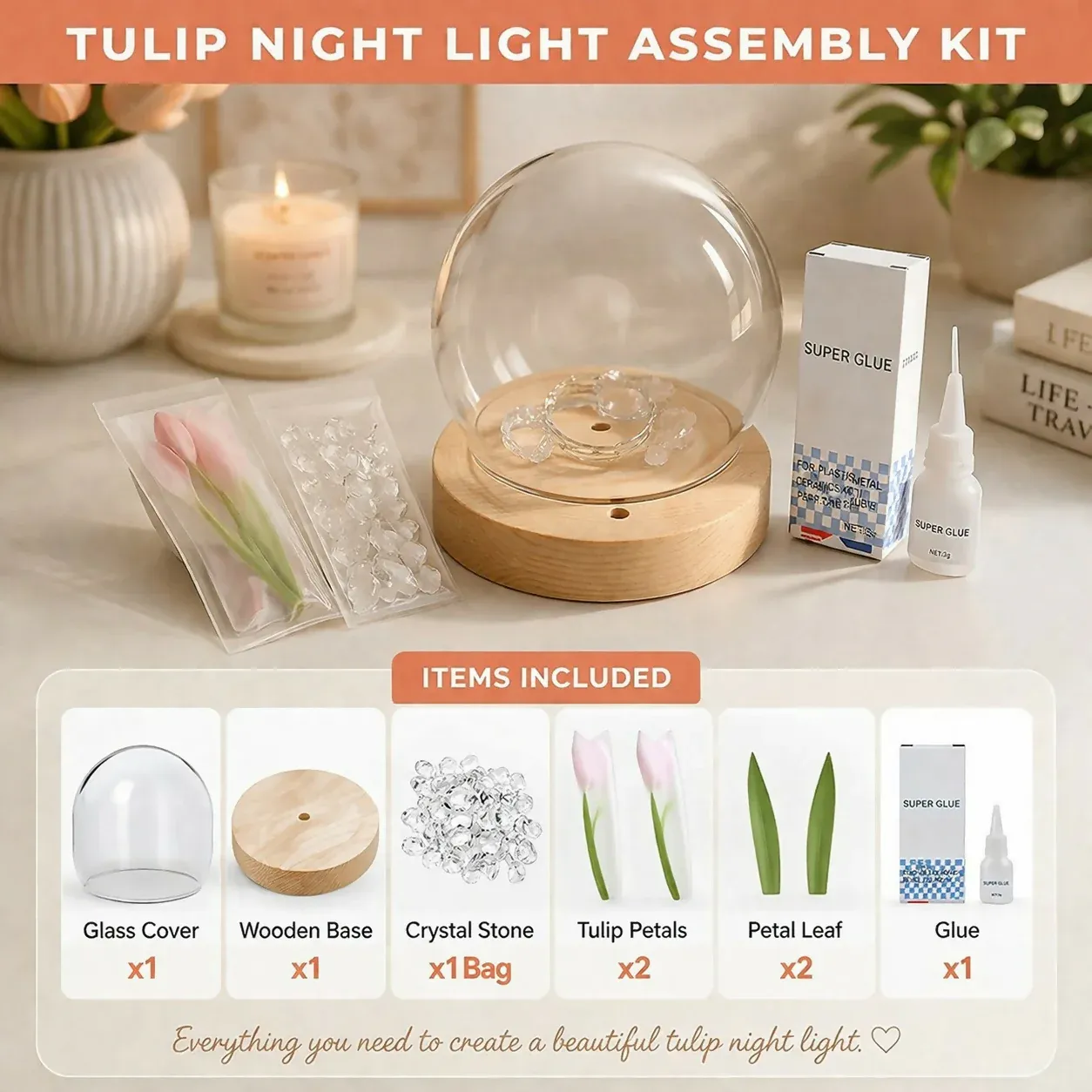 DIY Tulip Night Light Kit LED Glass Dome Decorative Table Lamp - Detailed Feature View 8