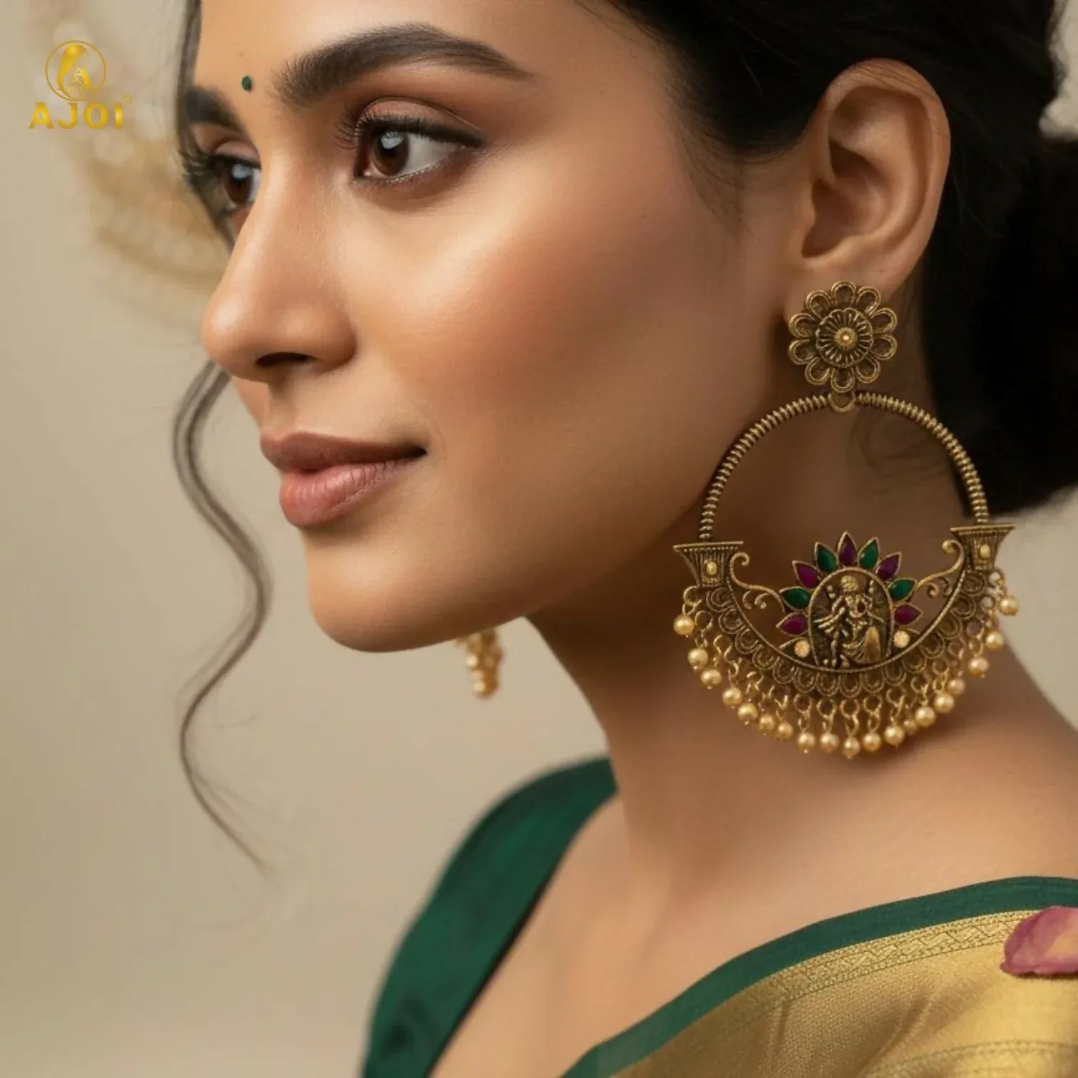 Radha Krishna Central Goddess Chandbali Earrings - Detailed Feature View 1