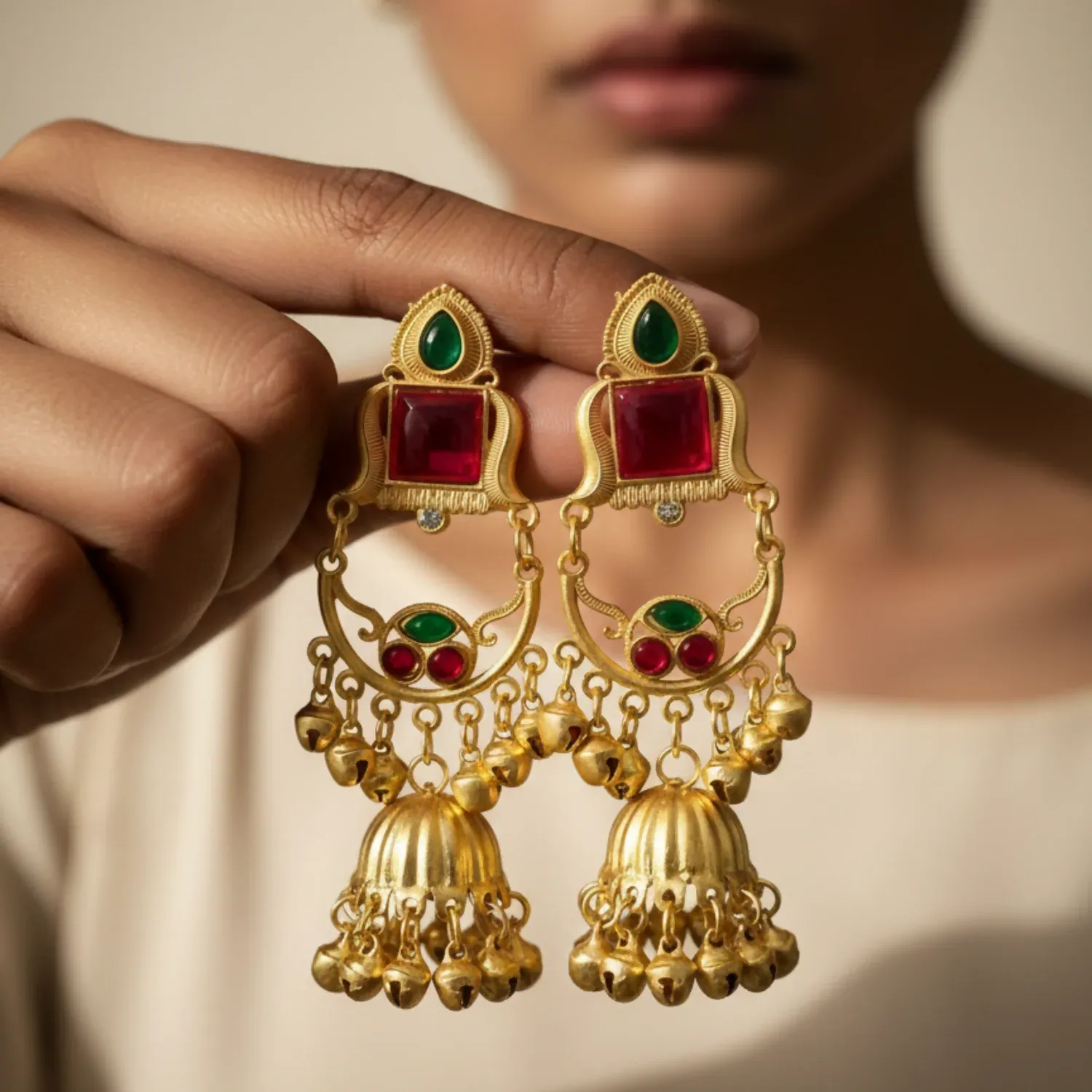 Kashmiri Jhumka Drop Earrings with Kundan & Pearl Tassels–Luxury Earrings - Detailed Feature View 1