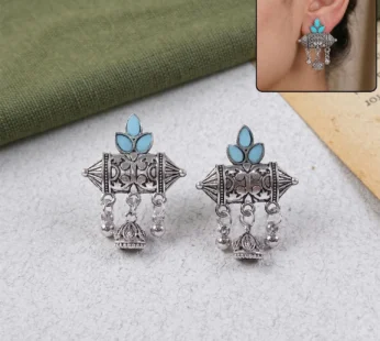 Oxidized Silver-Plated Sky Blue Leaf & Dhol Earrings with Mini Jhumka