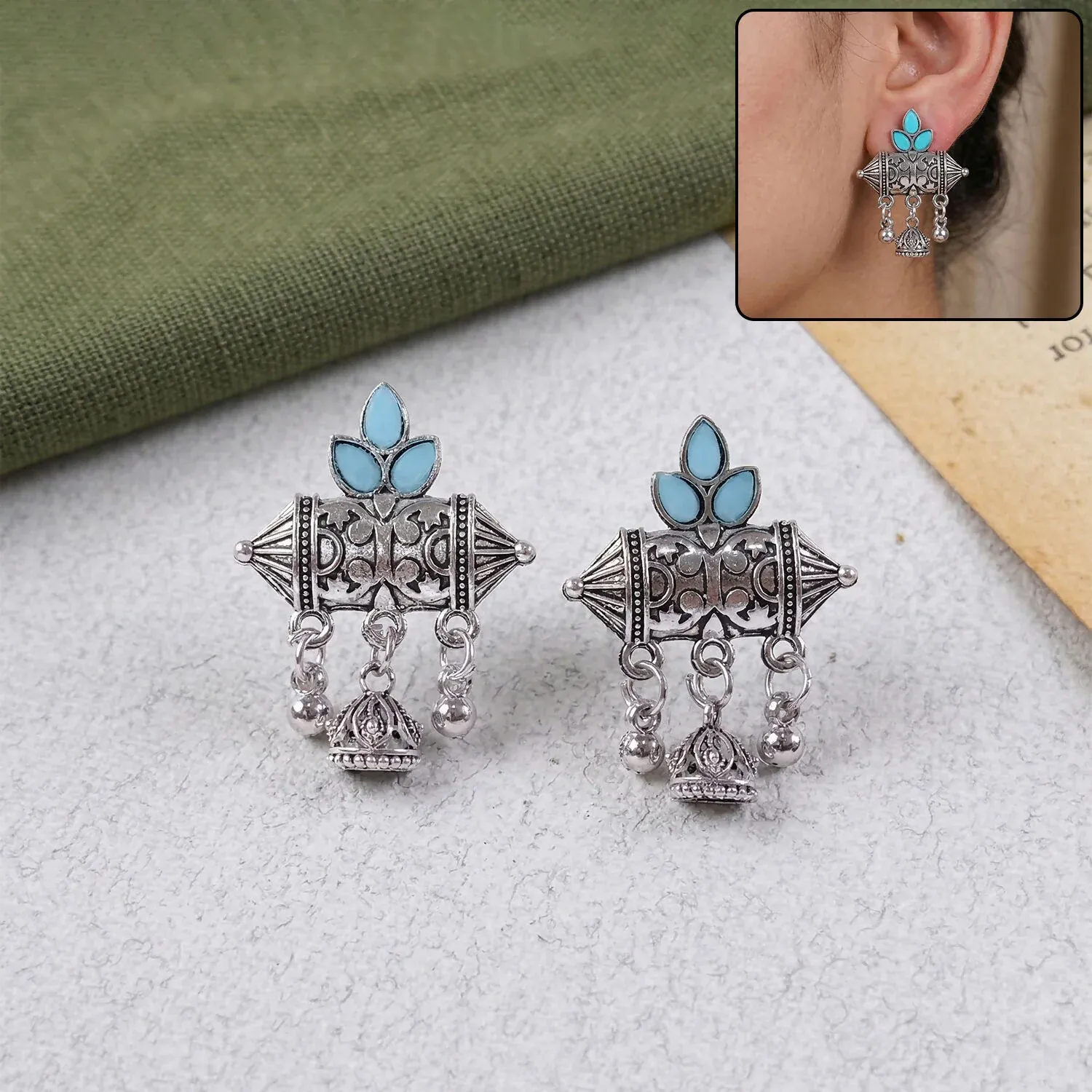 Premium Oxidized Silver-Plated Sky Blue Leaf & Dhol Earrings with Mini Jhumka - Buy Online at Alikart