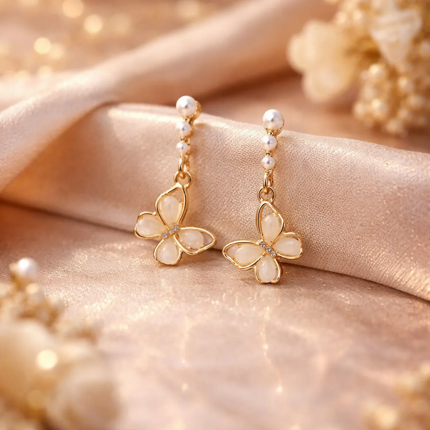 Premium Elegant Gold Butterfly Pearl Drop Earrings with Floral Design - Buy Online at Alikart