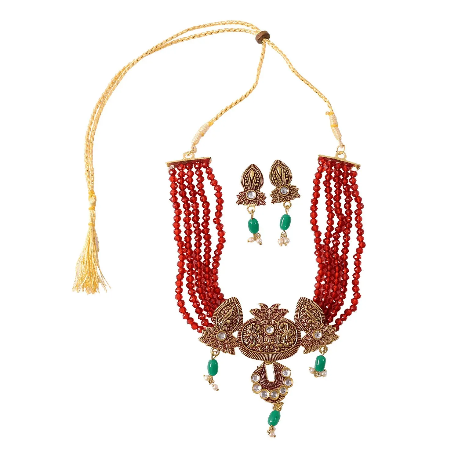 Traditional Maroon Beaded Necklace Set with Earrings - Adjustable Thread - Detailed Feature View 4