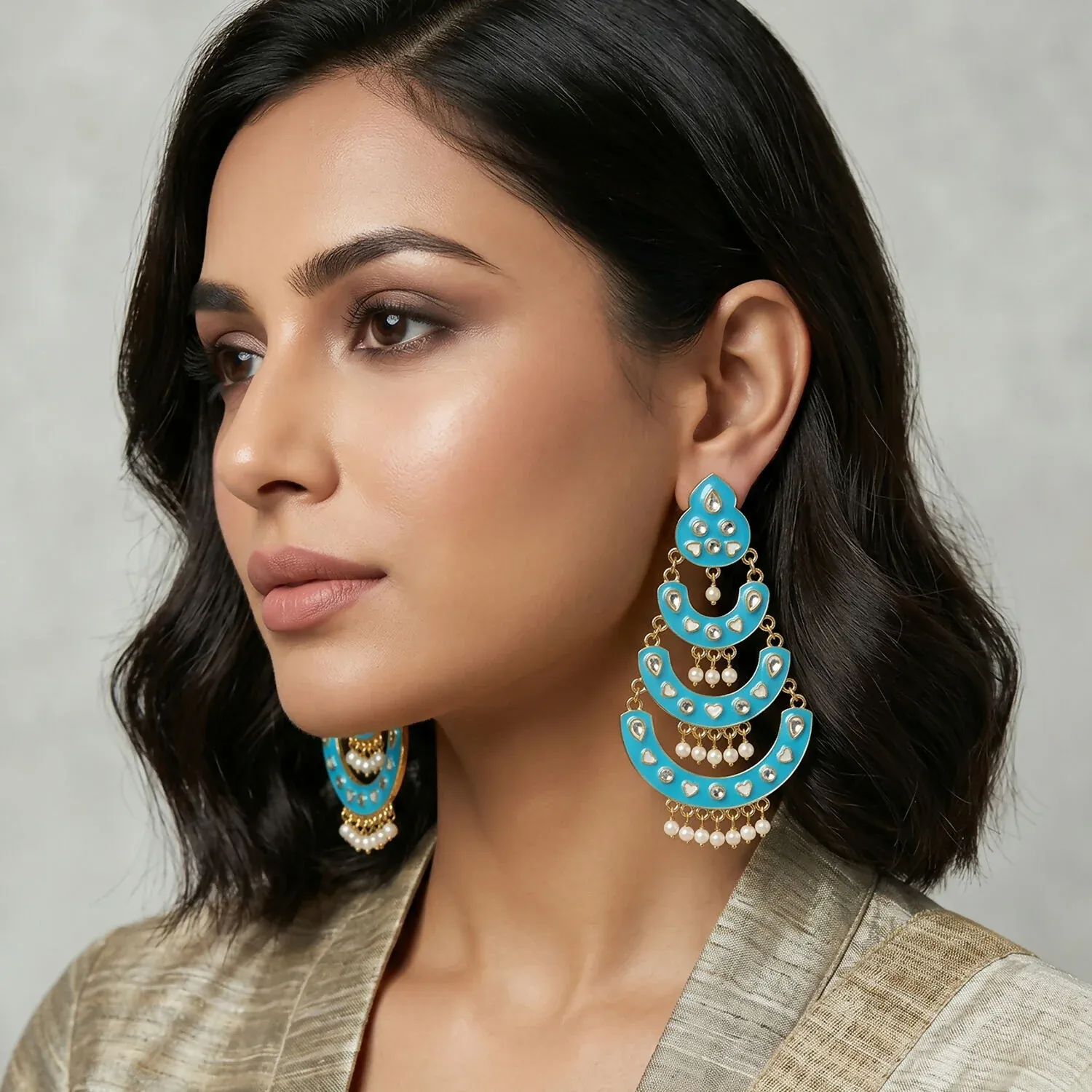 Sky Blue Layered Chandbali Earrings with Pearl Hanging for Women - Detailed Feature View 4