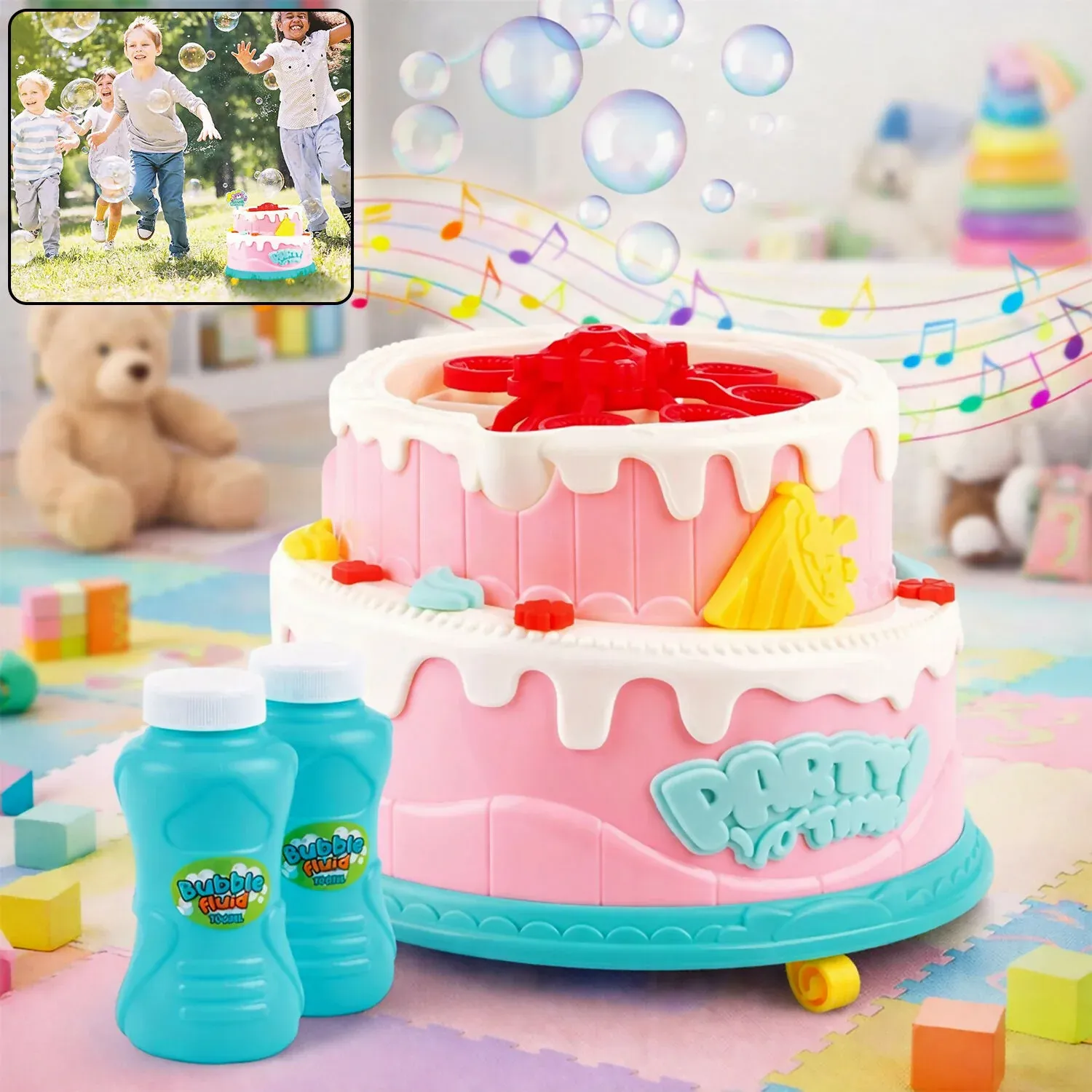 Premium Kids Bubble Cake Toy Automatic Bubble Maker Party Toy with Bubble Liquid Bottle - Buy Online at Alikart