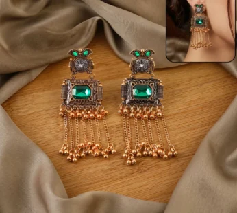 Kashmiri Antique Long Tassel Earrings with Green Stone & Ghungroo Chain Drops
