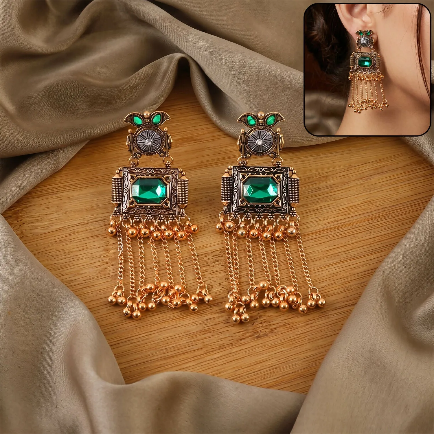 Premium Kashmiri Antique Long Tassel Earrings with Green Stone & Ghungroo Chain Drops - Buy Online at Alikart