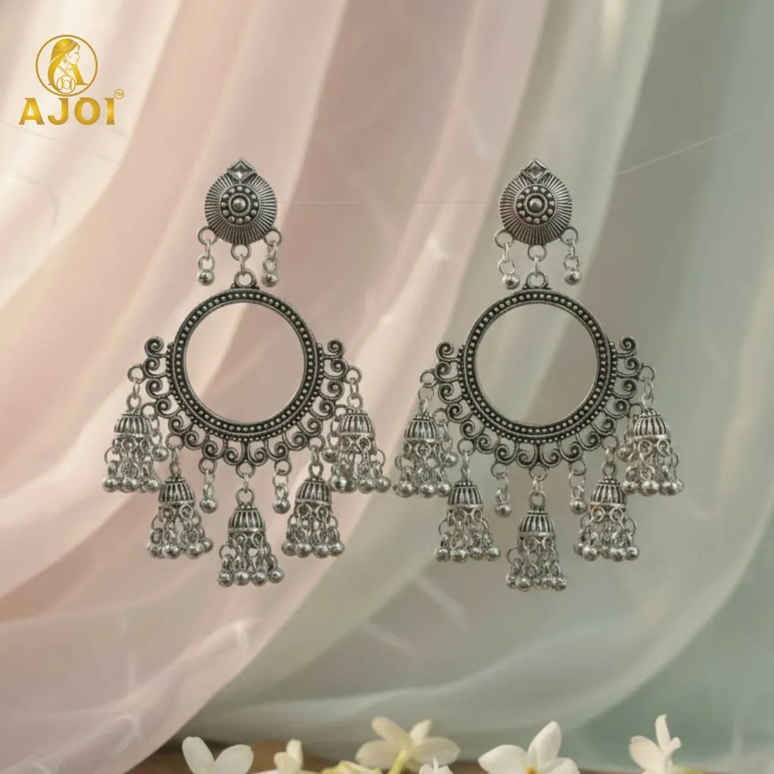 Premium Oxidised Silver Boho Chandbali Jhumka Earrings - Detailed Feature View 3