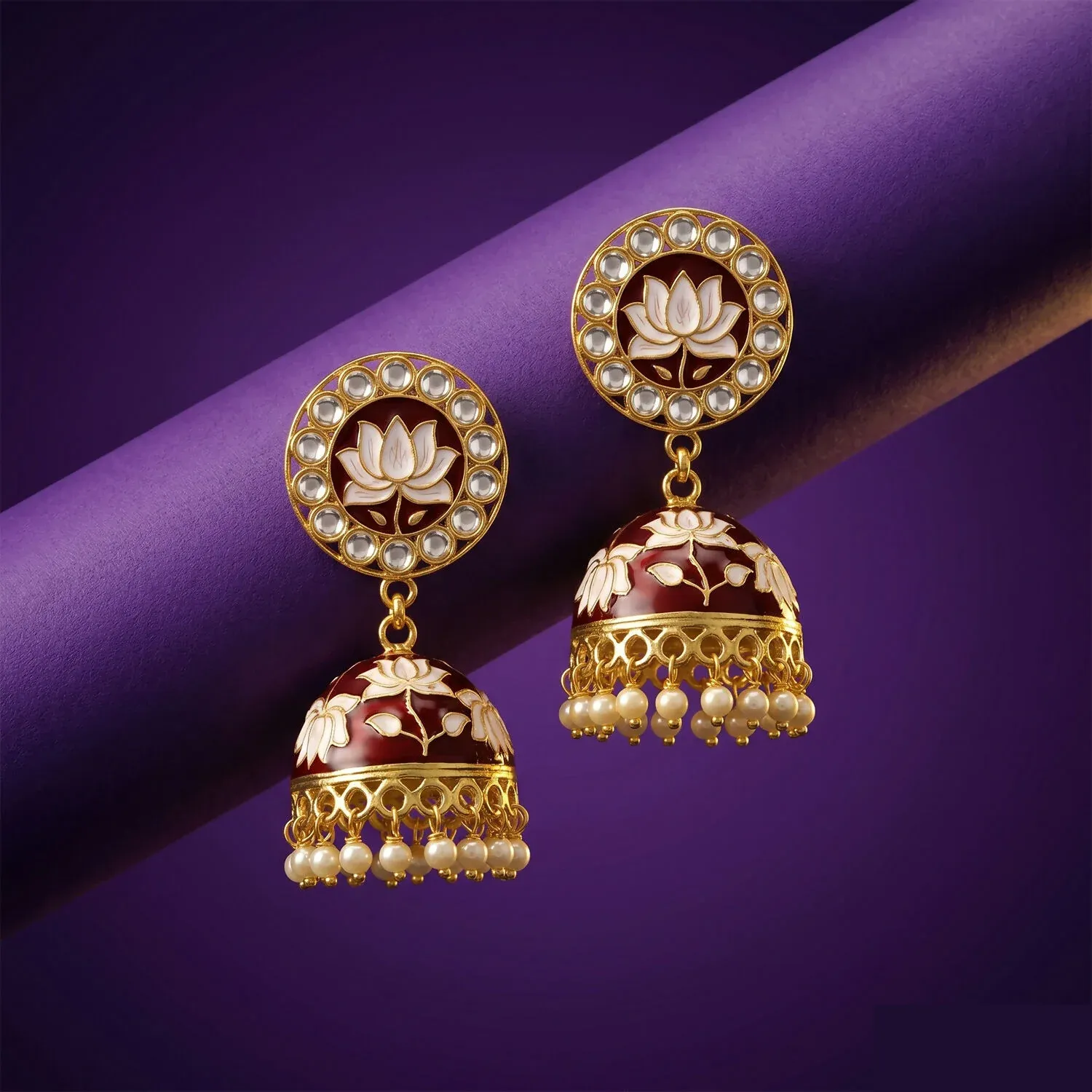 Maroon Lotus Design Gold-Tone Jhumka Earrings with Pearls - Detailed Feature View 1