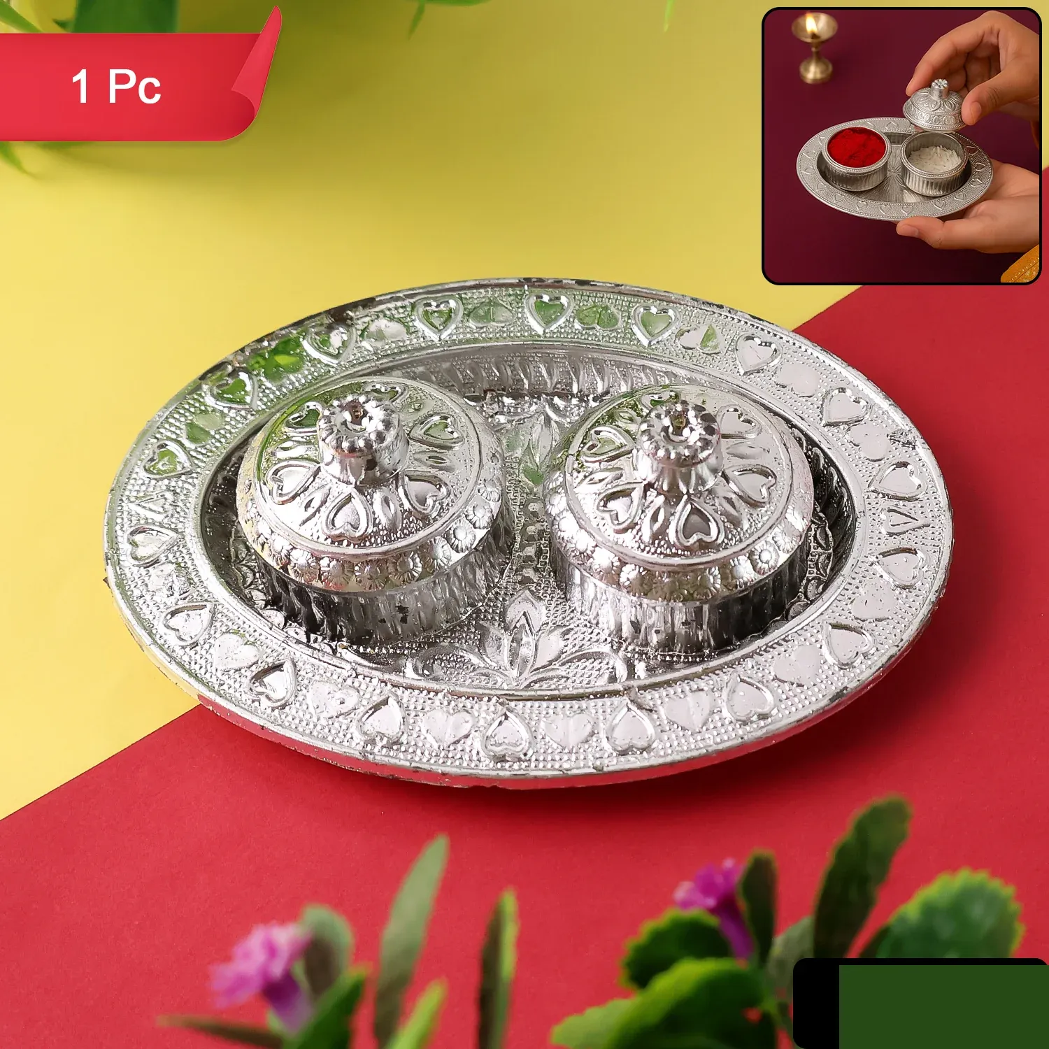 Oval Shape Special Puja Thali with Kumkum Holders - 1 Pc Mix Design - Detailed Feature View 1