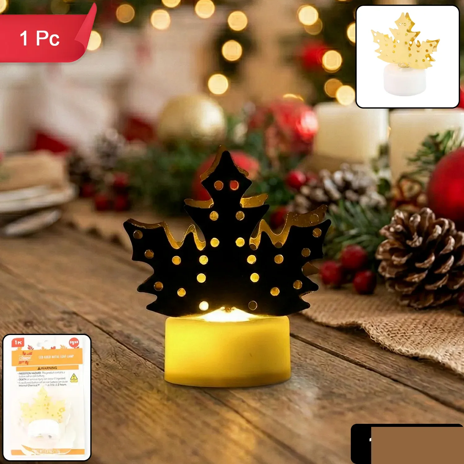 Christmas Decorative LED Gold Metal Leaf Diya Lamp, Diwali (1 Pc) - Detailed Feature View 1