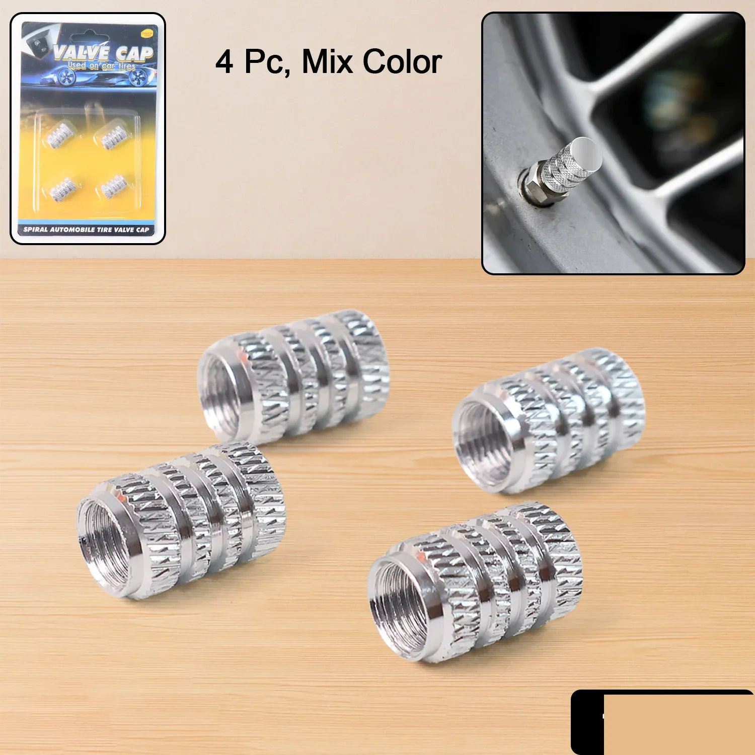 Silver Aluminium Tire Valve Stem Caps Set of 4 for Cars & Bikes - Detailed Feature View 1