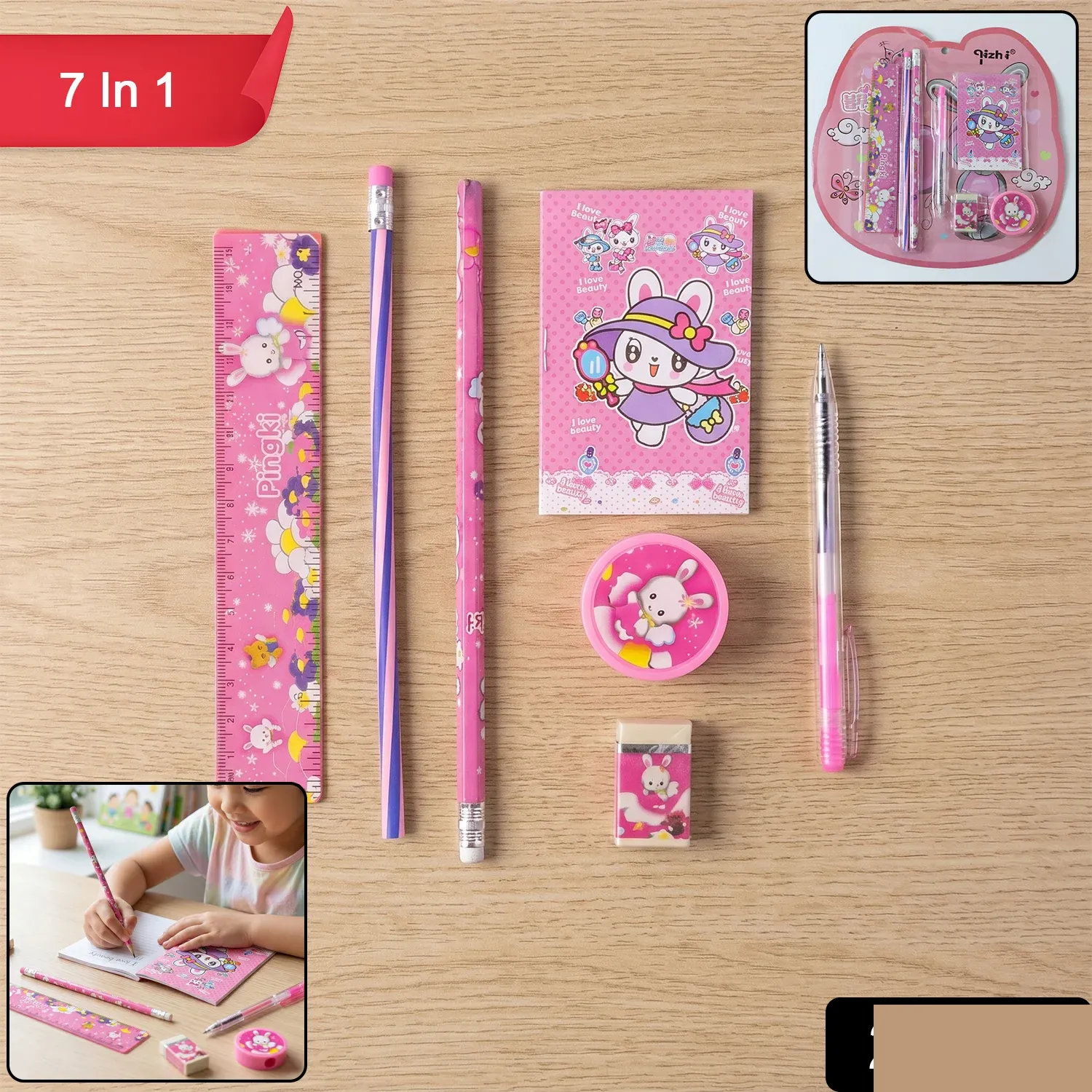 Premium 7-In-1 Pink Kids Stationery Set with Ruler, Pencil & Notebook - Buy Online at Alikart