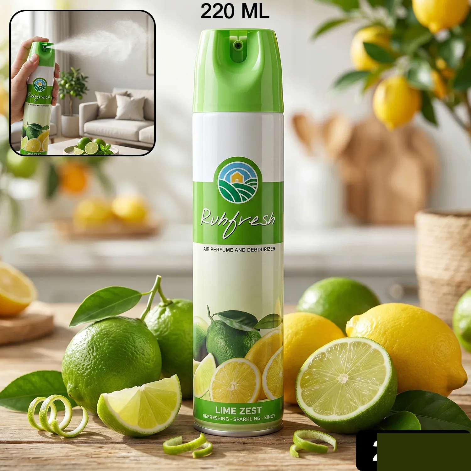 Lime Zest Air Freshener Spray 220 ML - Refreshing Citrus Scent - Detailed Feature View 1