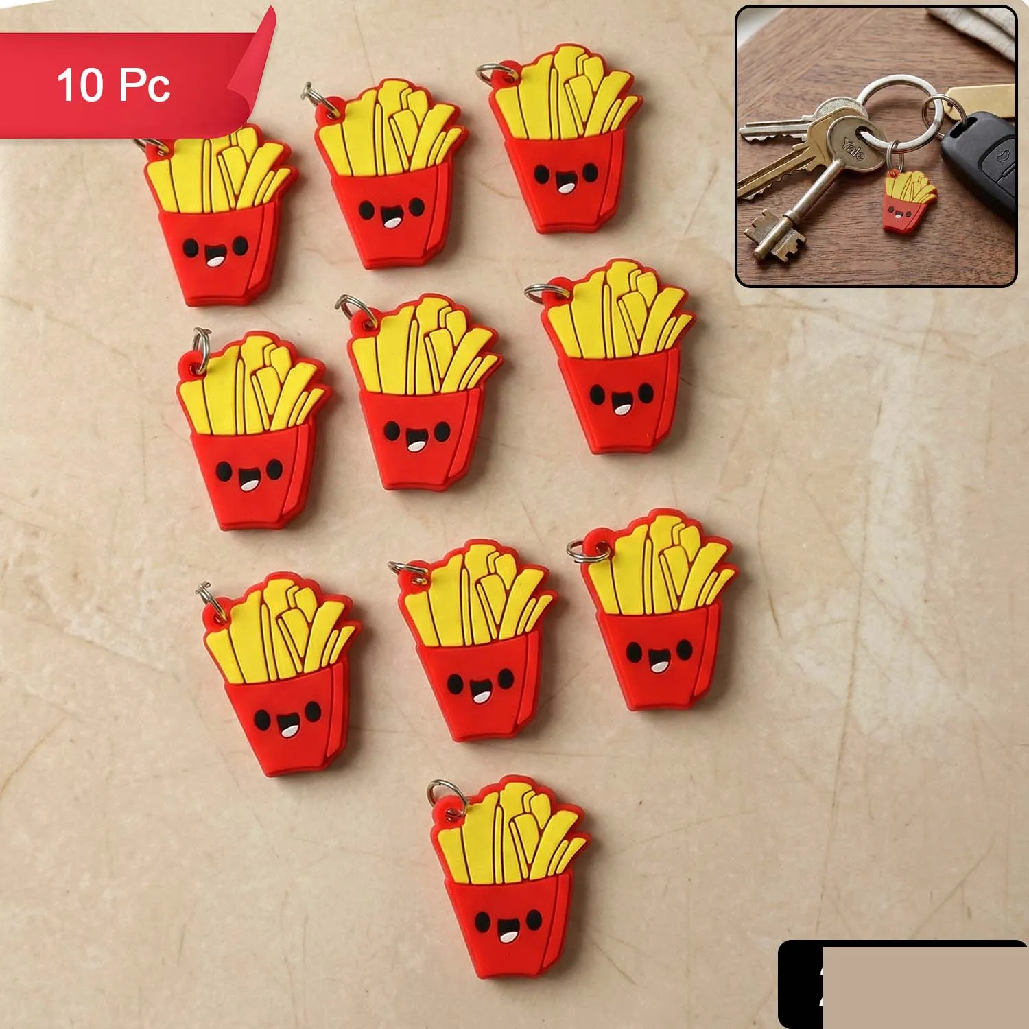 Cute French Fries Shap Bag Charm Keychain Set (10 Pc) - Detailed Feature View 1