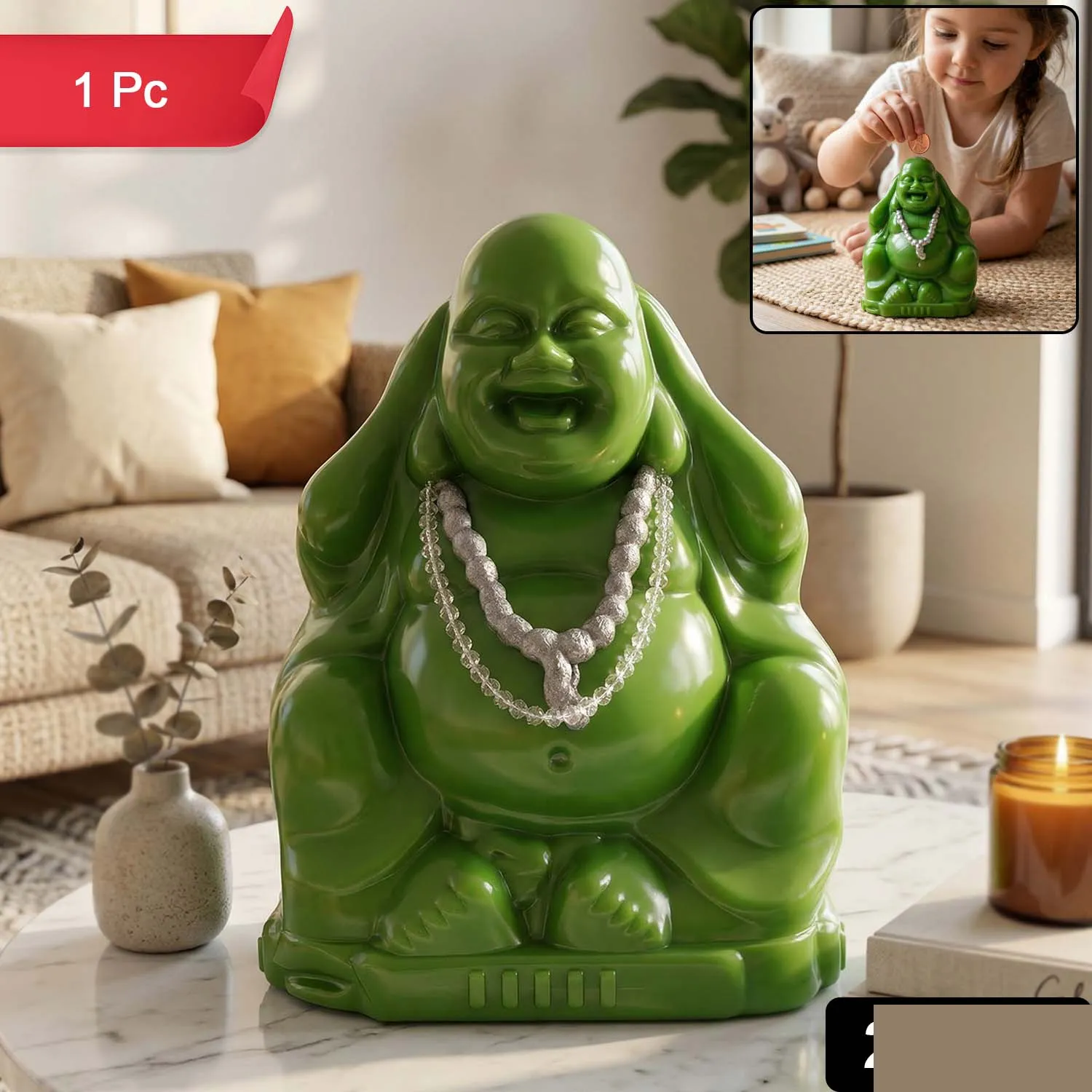 Laughing Buddha Money Bank Coin Saving Box - Decorative Piggy Bank - Detailed Feature View 1