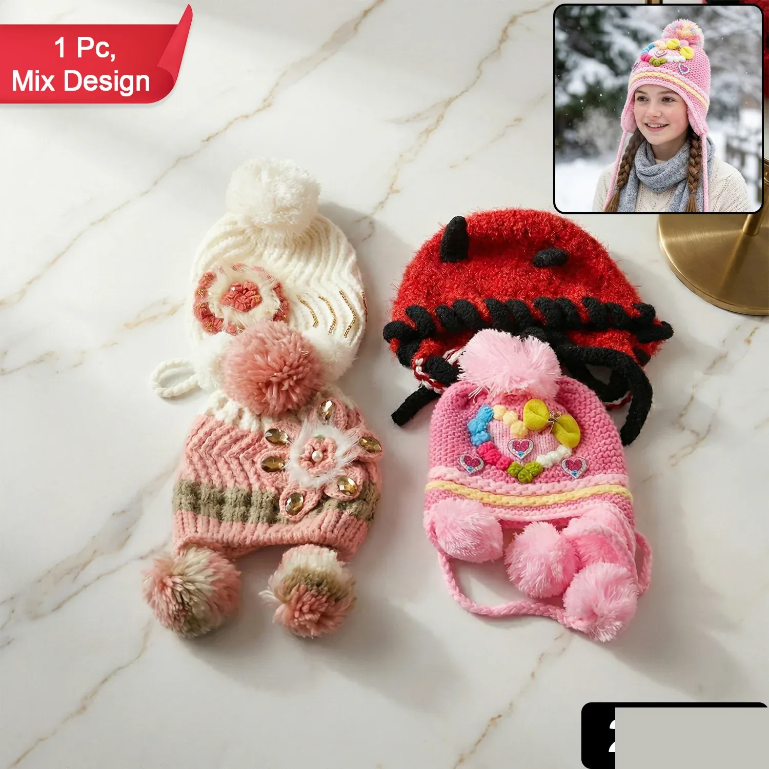 Cute Kids Winter Woolen Ear Flap Cap with Pom Pom (1 Pc, Mix Design) - Detailed Feature View 1
