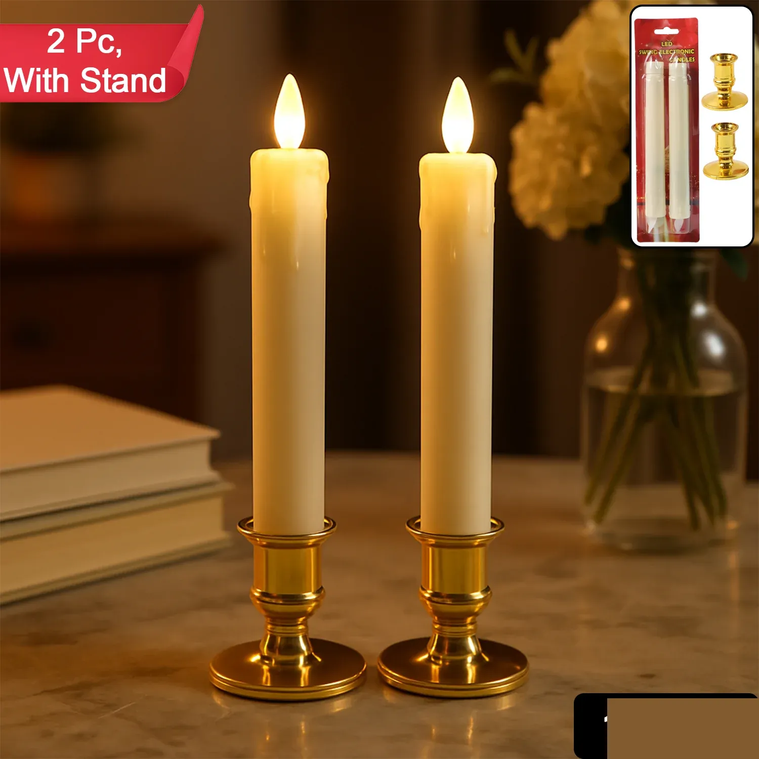 LED Flameless Taper Candles – Set of 2 Realistic Flickering Lights - Detailed Feature View 1