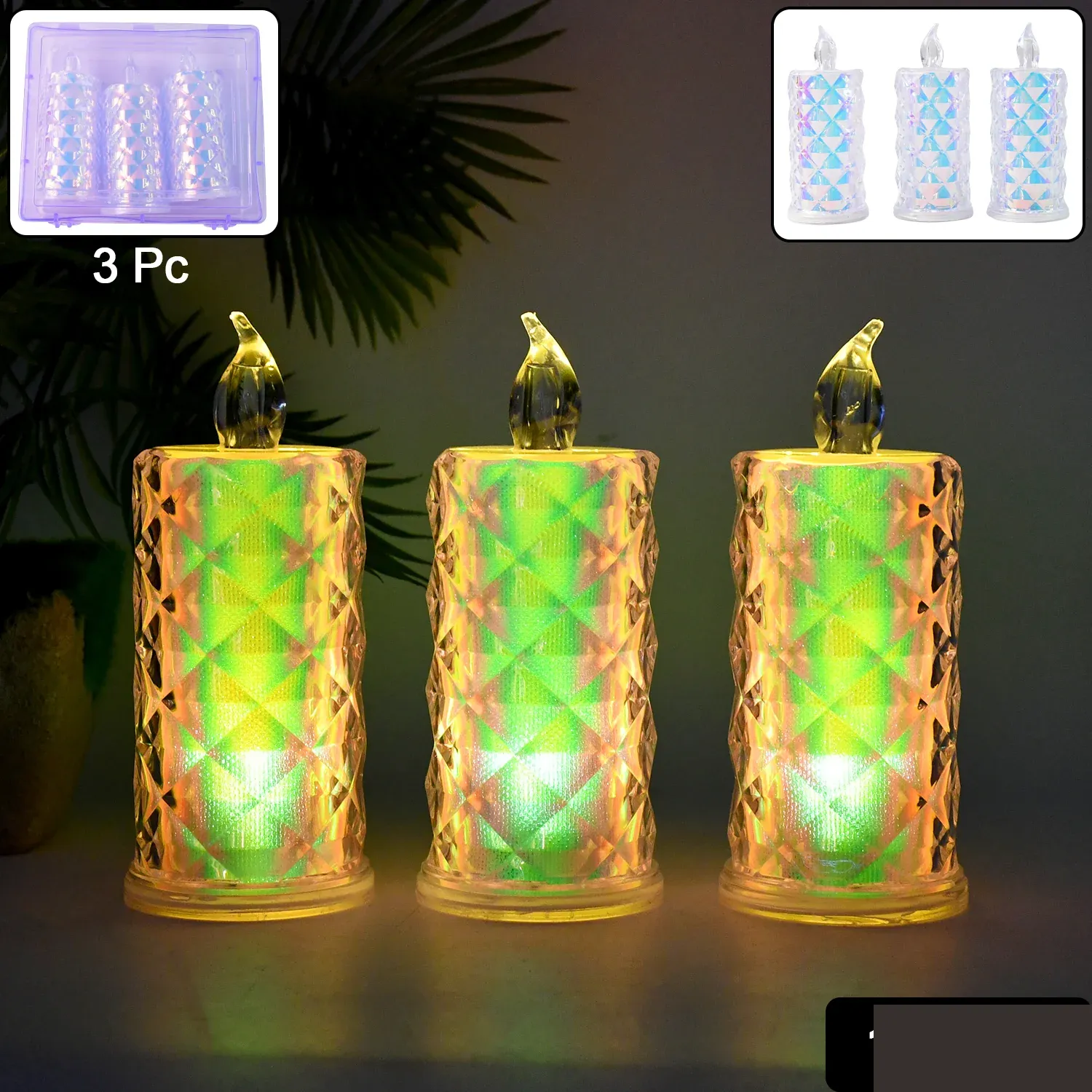 LED Flameless Candle Lights – Set of 3 Crystal Decorative Lights - Detailed Feature View 1