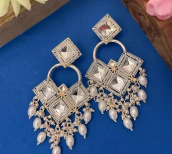 Antique Silver-Toned Floral Kundan Chandbali Jhumka Earrings with Seed Pearl Clusters
