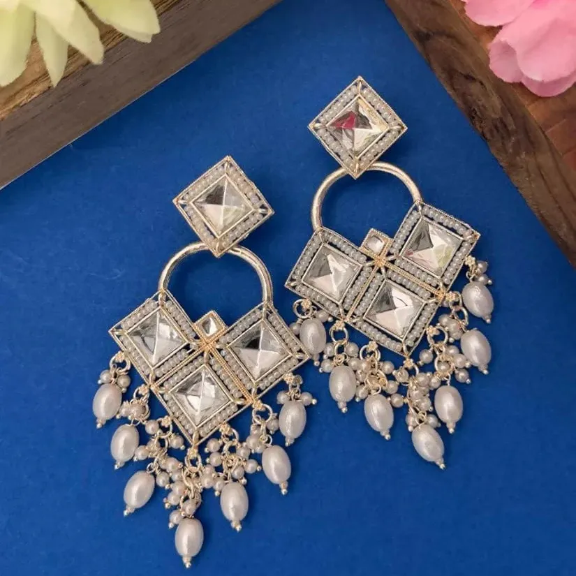 Premium Antique Silver-Toned Floral Kundan Chandbali Jhumka Earrings with Seed Pearl Clusters - Buy Online at Alikart