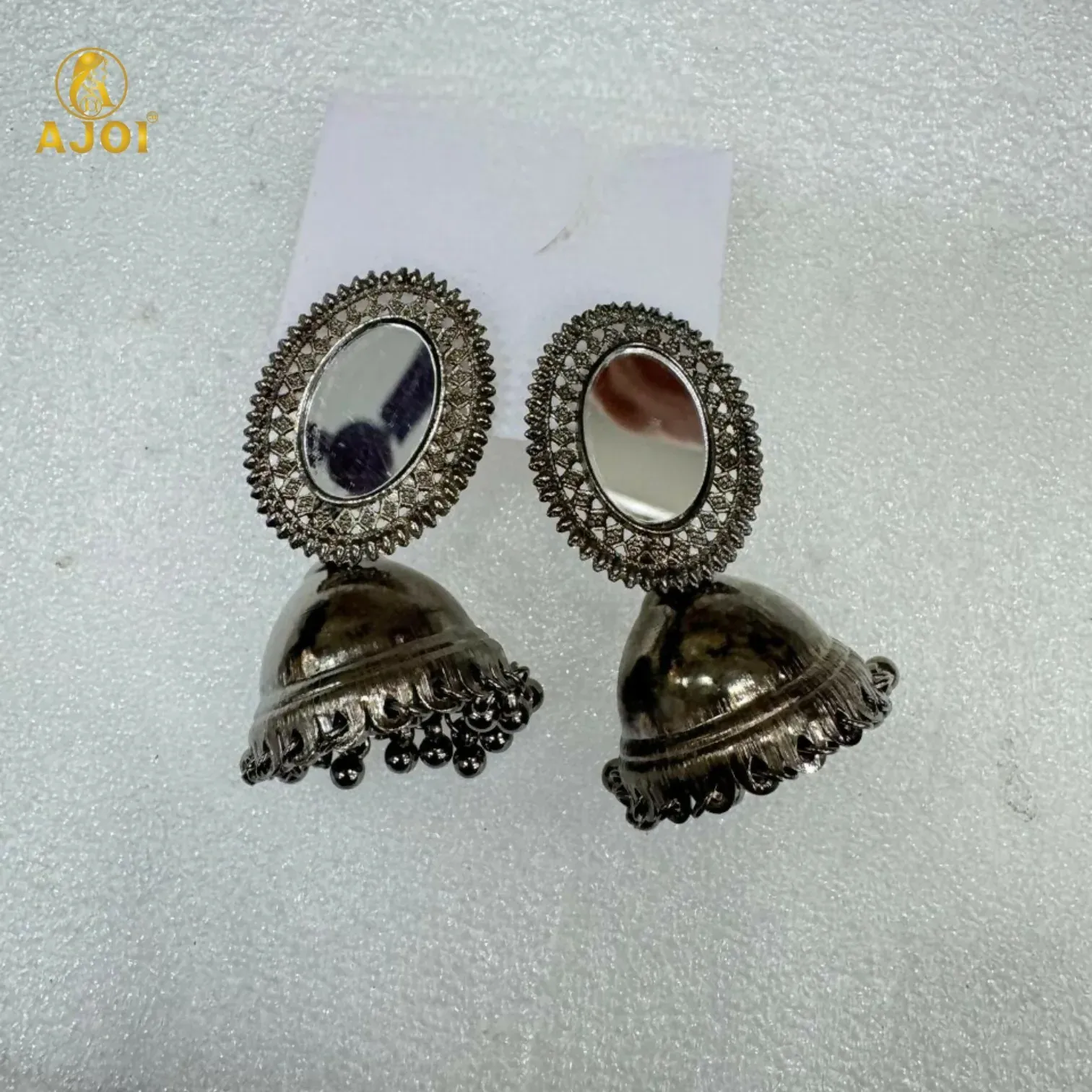 Antique Silver Mirror Jhumka Earrings - Detailed Feature View 4