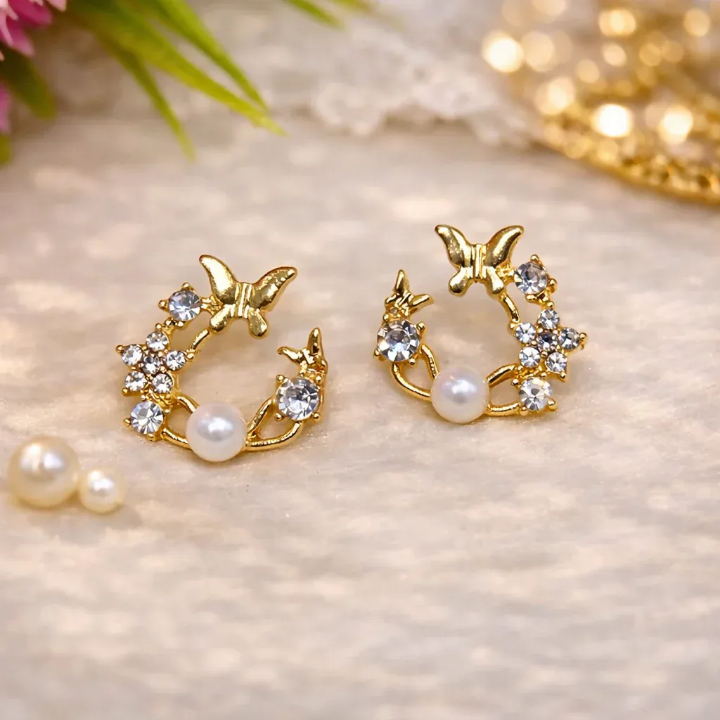 Butterfly Pearl Crystal Stud Earrings for Women & Girls - Detailed Feature View 5
