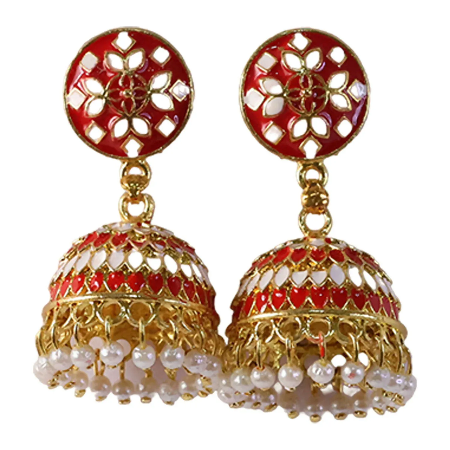 Red Floral Jhumka Earrings with Pearl Beads for Women - Detailed Feature View 3