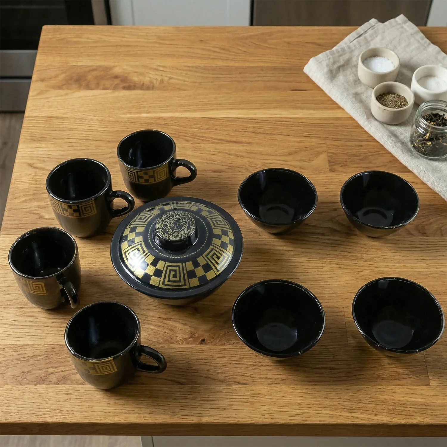 Hot Espresso Cup Set Black Gold Coffee Mug Bowl Set with Serving Pot (9 Pc) - Detailed Feature View 2