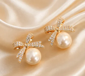 Luxury Gold Plated Pearl Bow Stud Earrings for Women