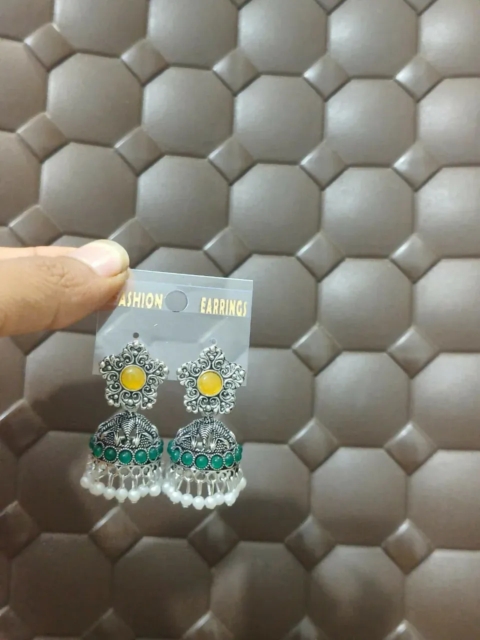 Oxidised Silver Jhumka Earrings with Yellow & Emerald Stones - Detailed Feature View 4