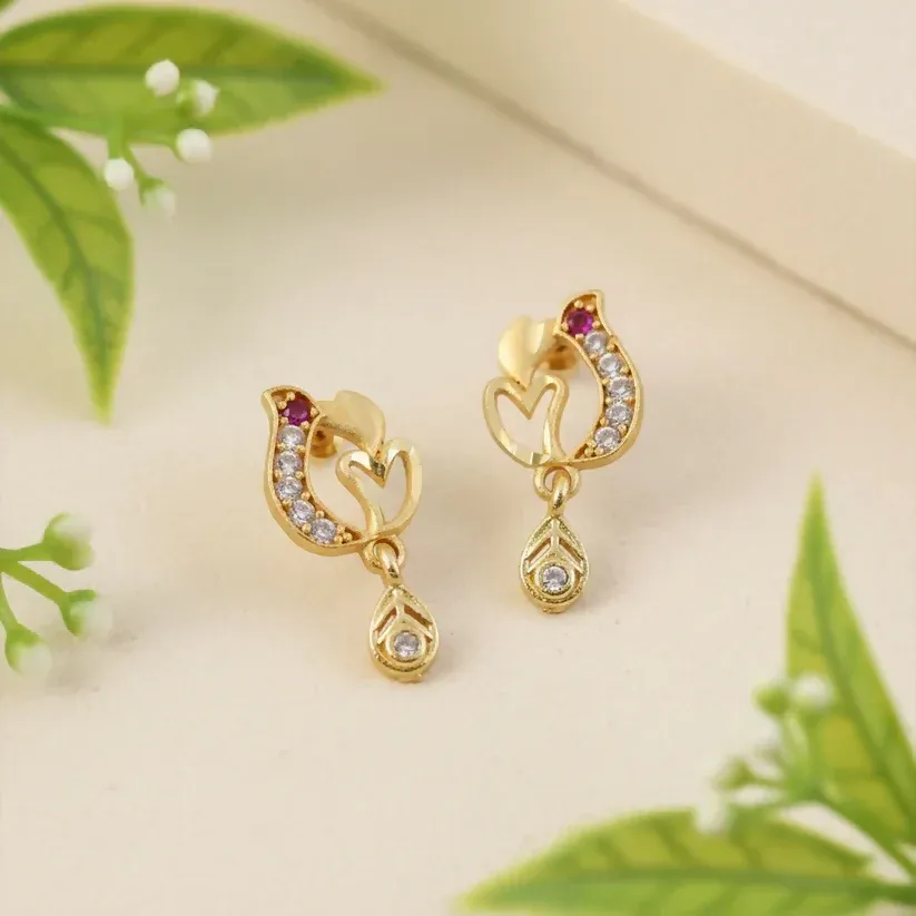 Gold Heart Drop Earrings with Ruby Stone & Crystal Accents - Detailed Feature View 1