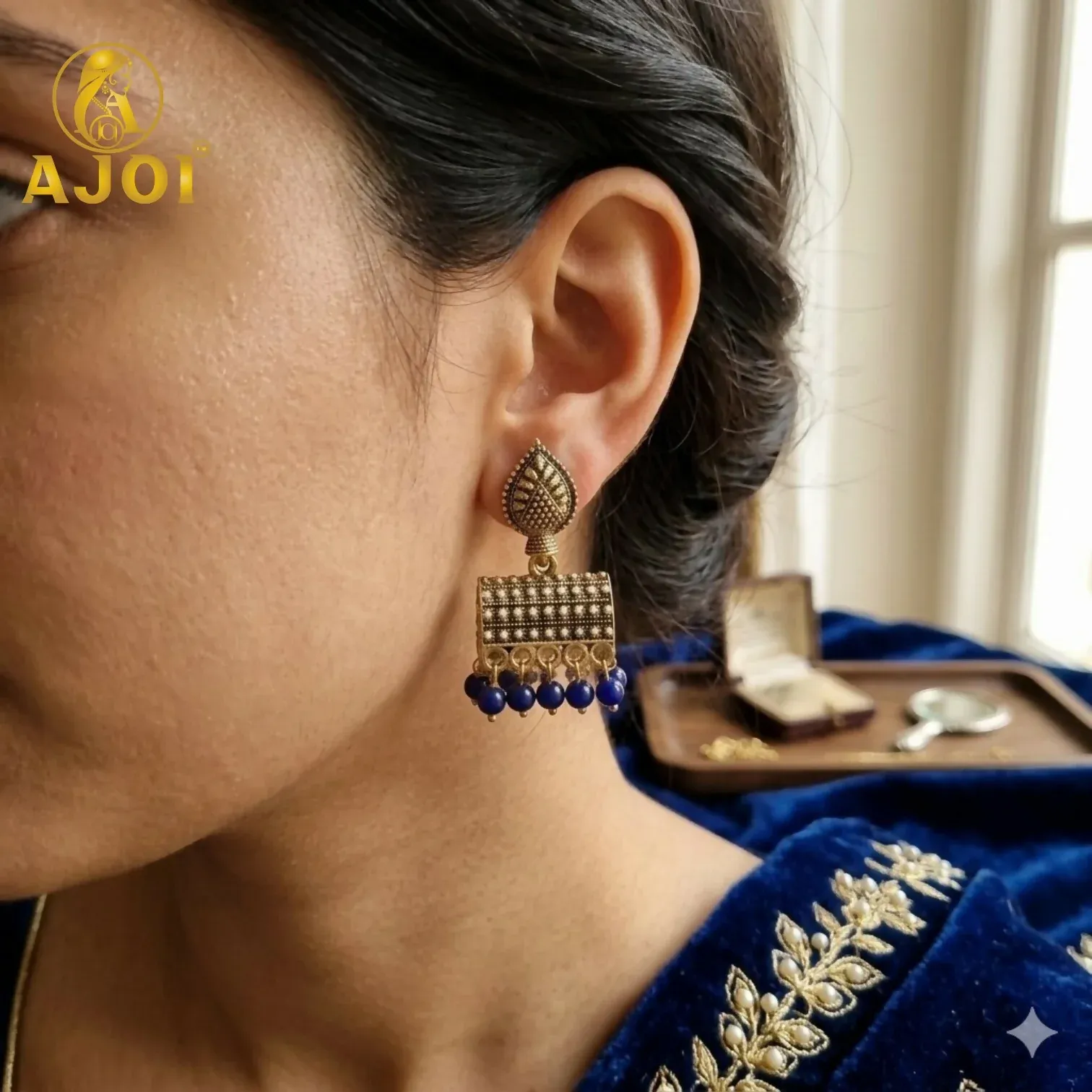 Antique Gold-Plated Leaf Design Jhumka Earrings with Blue Beads - Detailed Feature View 1
