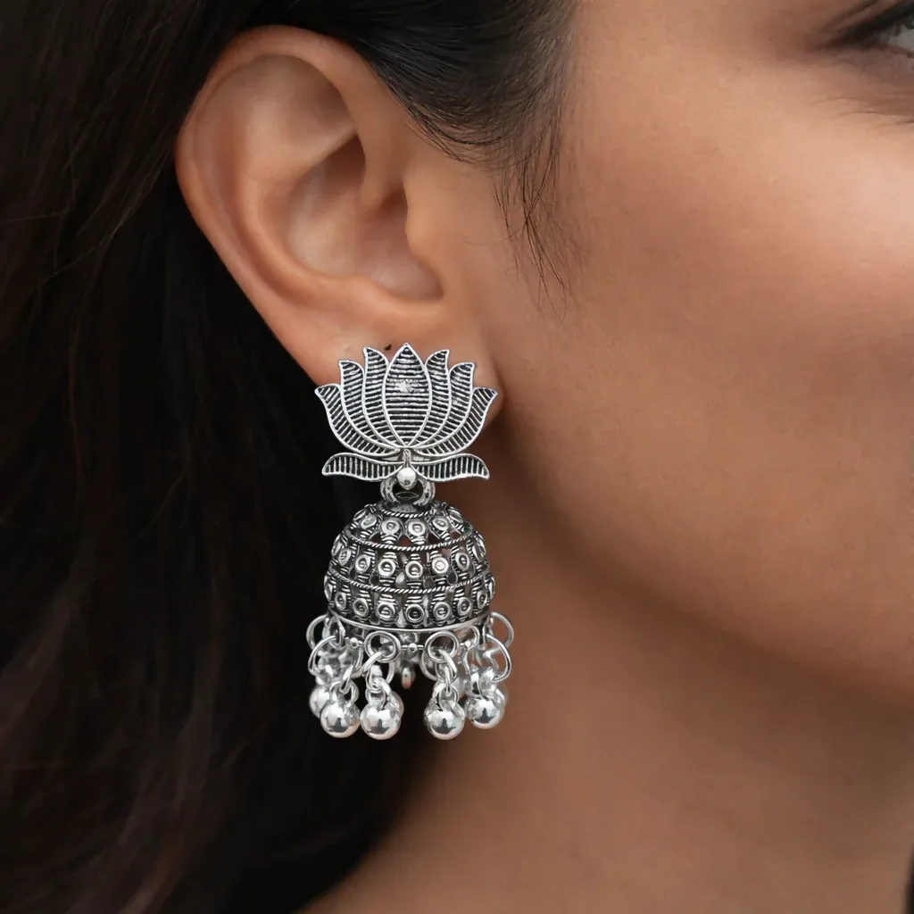 Oxidised Silver Lotus Jhumka Earrings - Traditional Danglers - Detailed Feature View 1