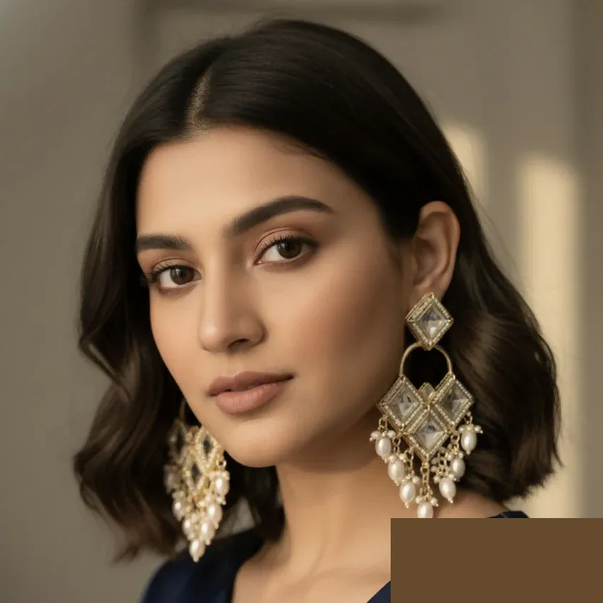 Antique Silver-Toned Floral Kundan Chandbali Jhumka Earrings with Seed Pearl Clusters - Detailed Feature View 1