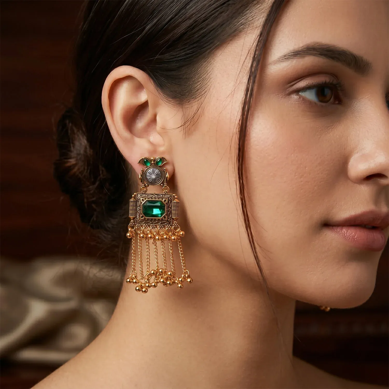 Kashmiri Antique Long Tassel Earrings with Green Stone & Ghungroo Chain Drops - Detailed Feature View 1