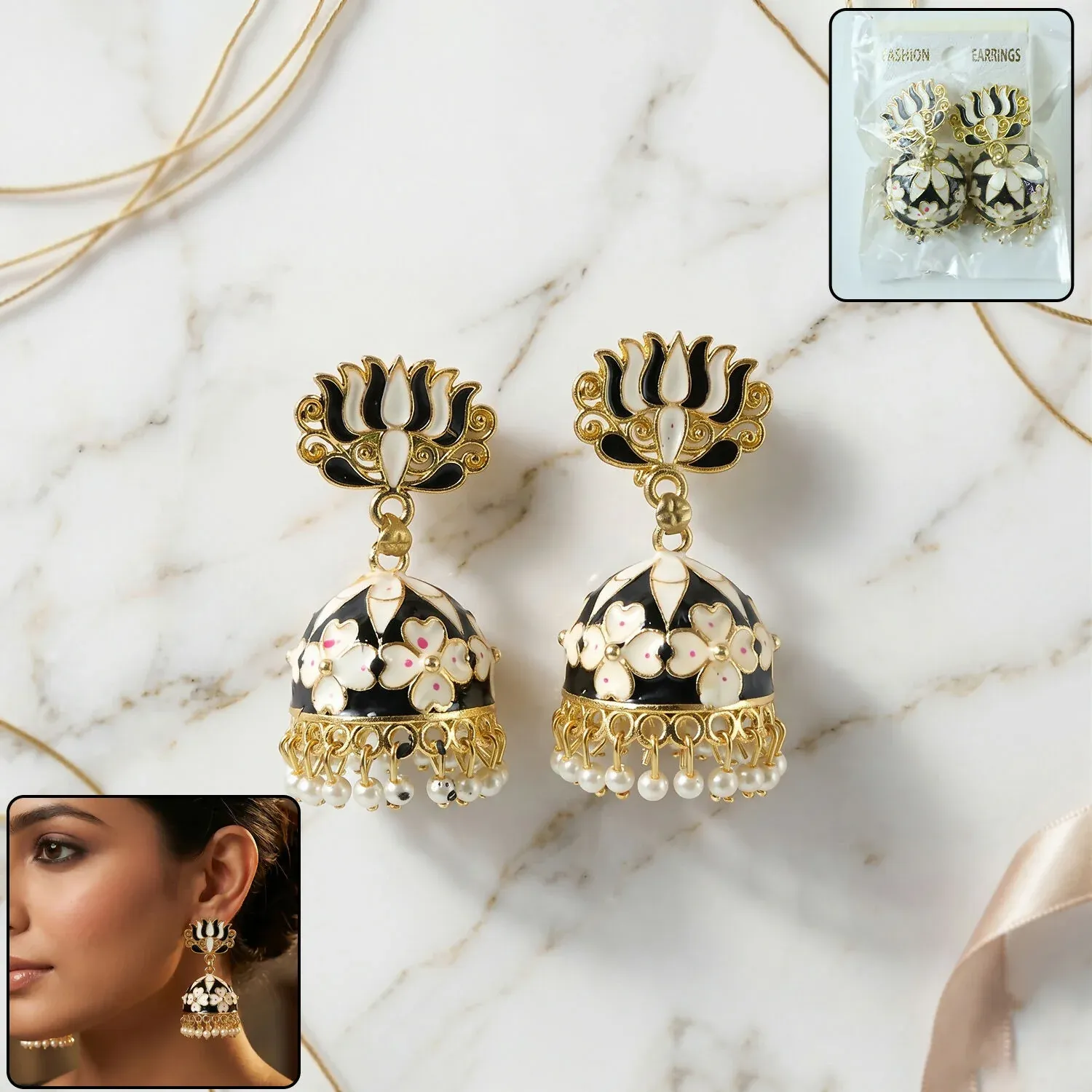Premium Classic Black Lotus Jhumka Earrings with Pearl Drops - Buy Online at Alikart
