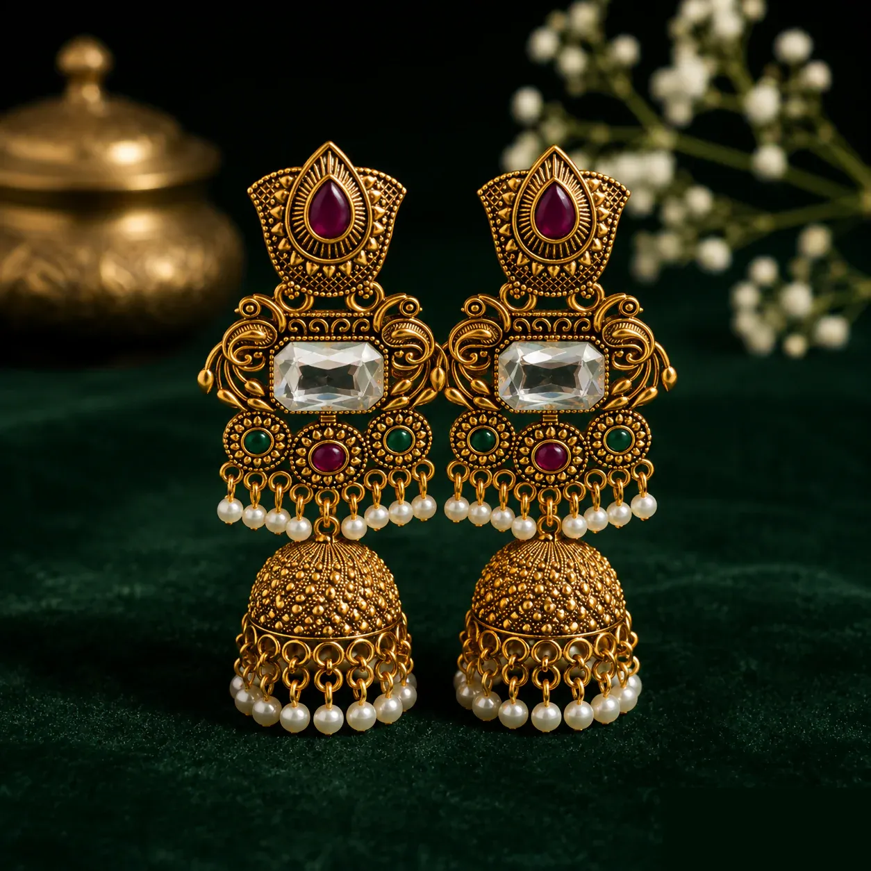 Gold Plated Kundan Jhumka Earrings with Pearl Drops for Women - Detailed Feature View 1