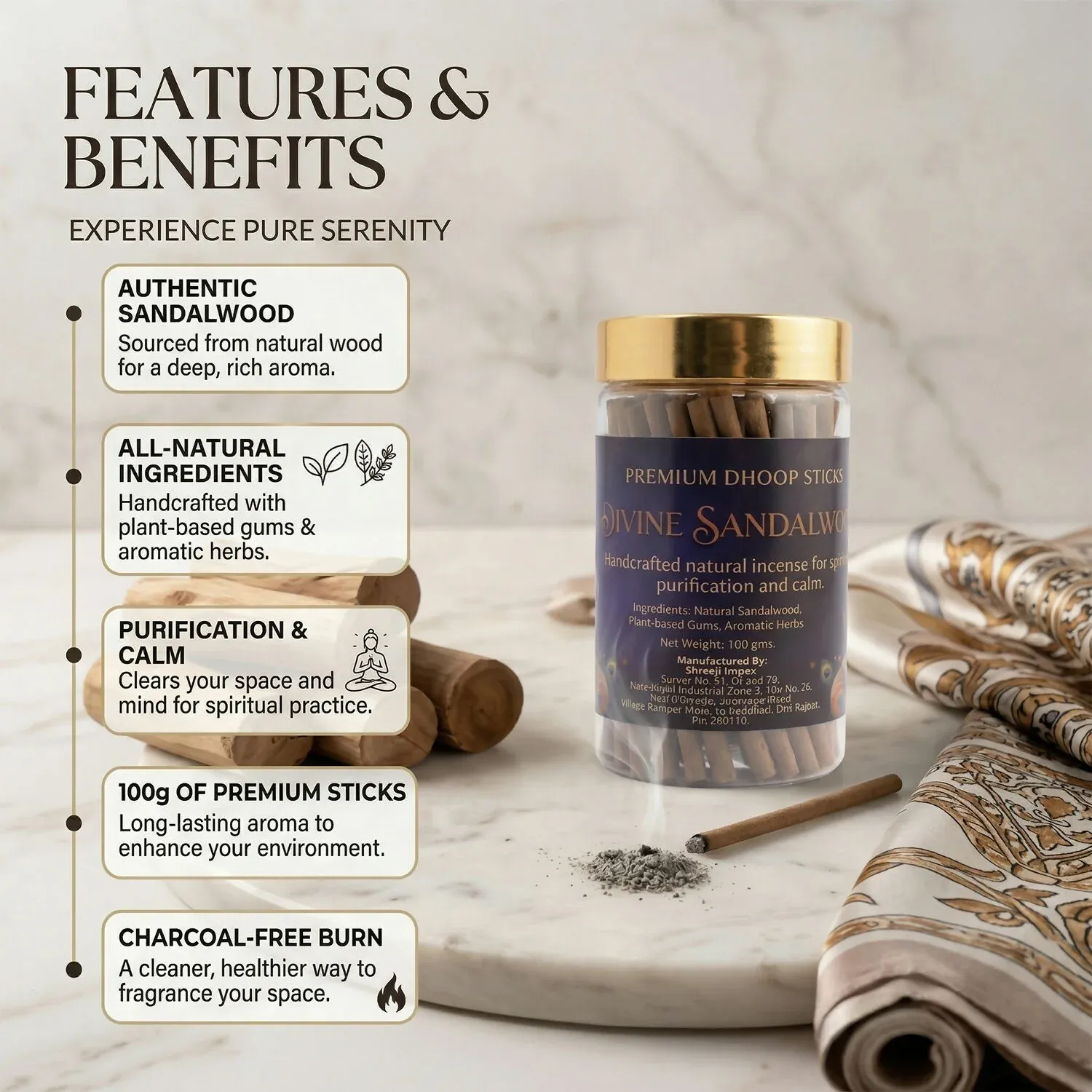 Divine Sandalwood Premium Dhoop Sticks - Natural Incense 100Gm - Detailed Feature View 2