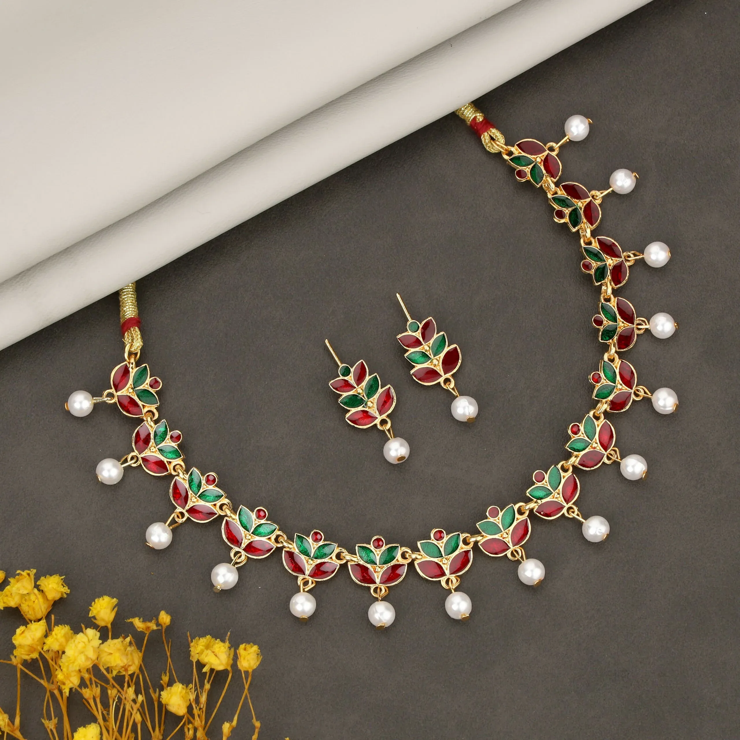 Premium Elegant Gold-Tone Matte Leaf Motif Choker with Faux Pearls - Buy Online at Alikart