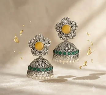 Oxidised Silver Jhumka Earrings with Yellow & Emerald Stones