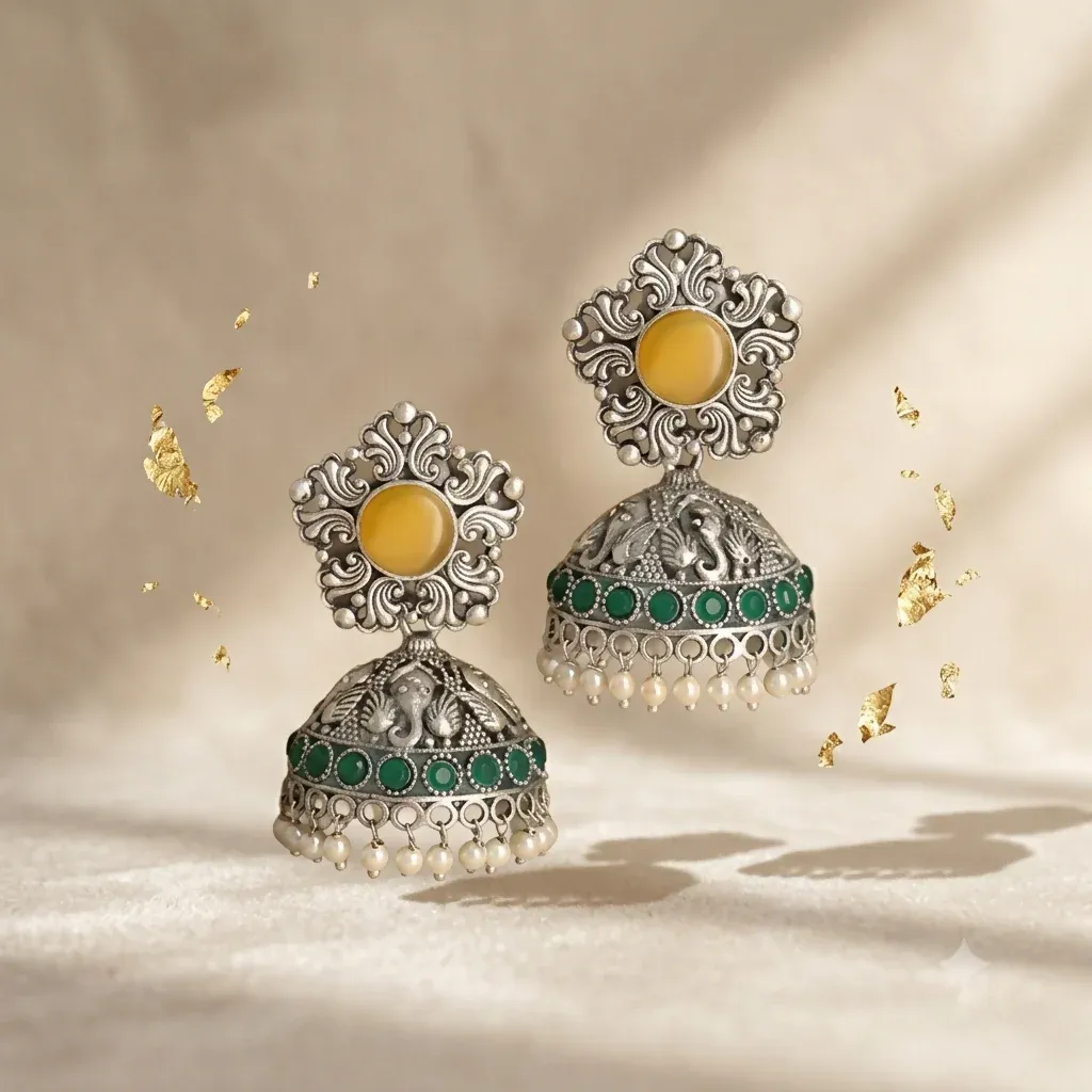 Premium Oxidised Silver Jhumka Earrings with Yellow & Emerald Stones - Buy Online at Alikart