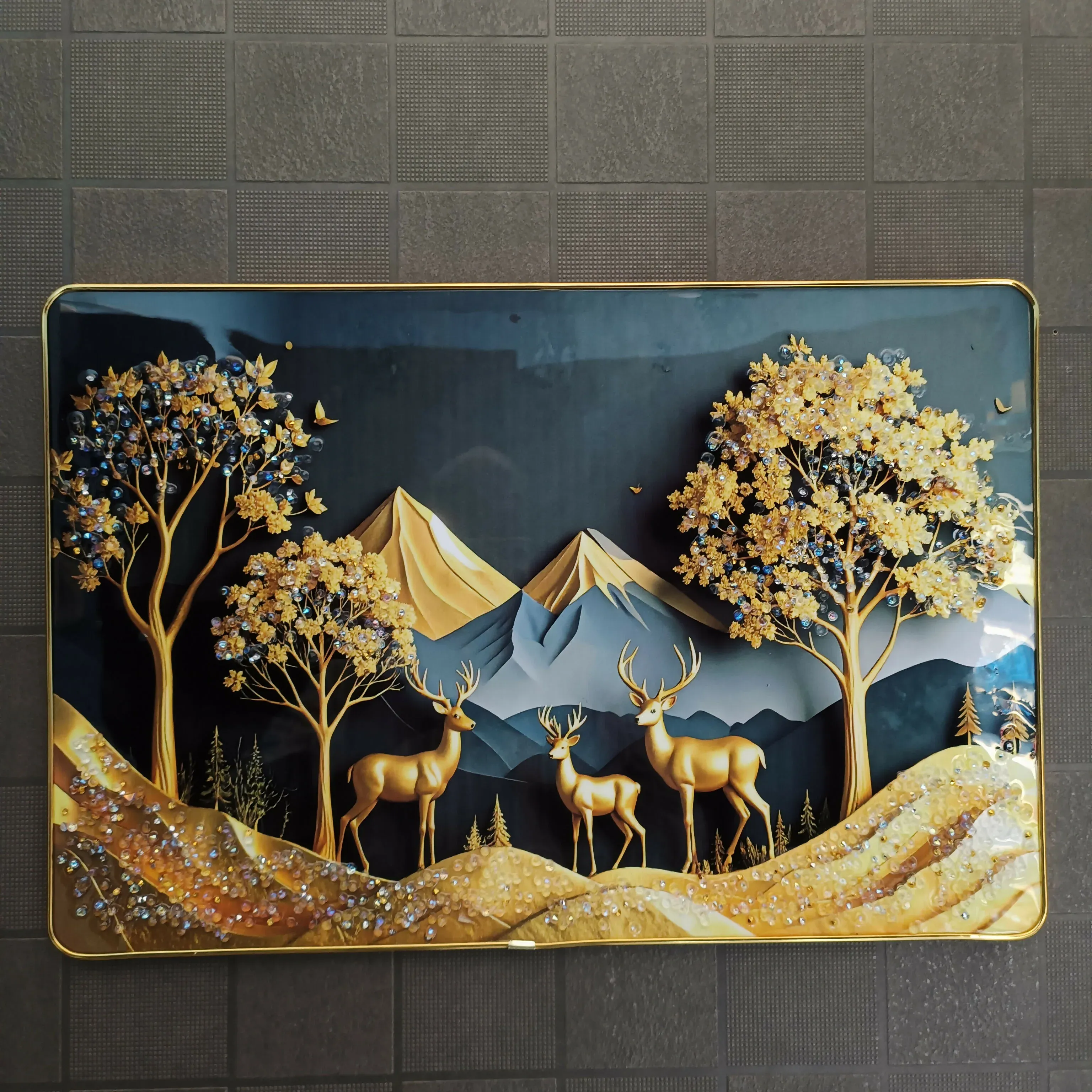 Luxury Golden Deer Wall Art – Elegant Mountain Landscape Decor - Detailed Feature View 5