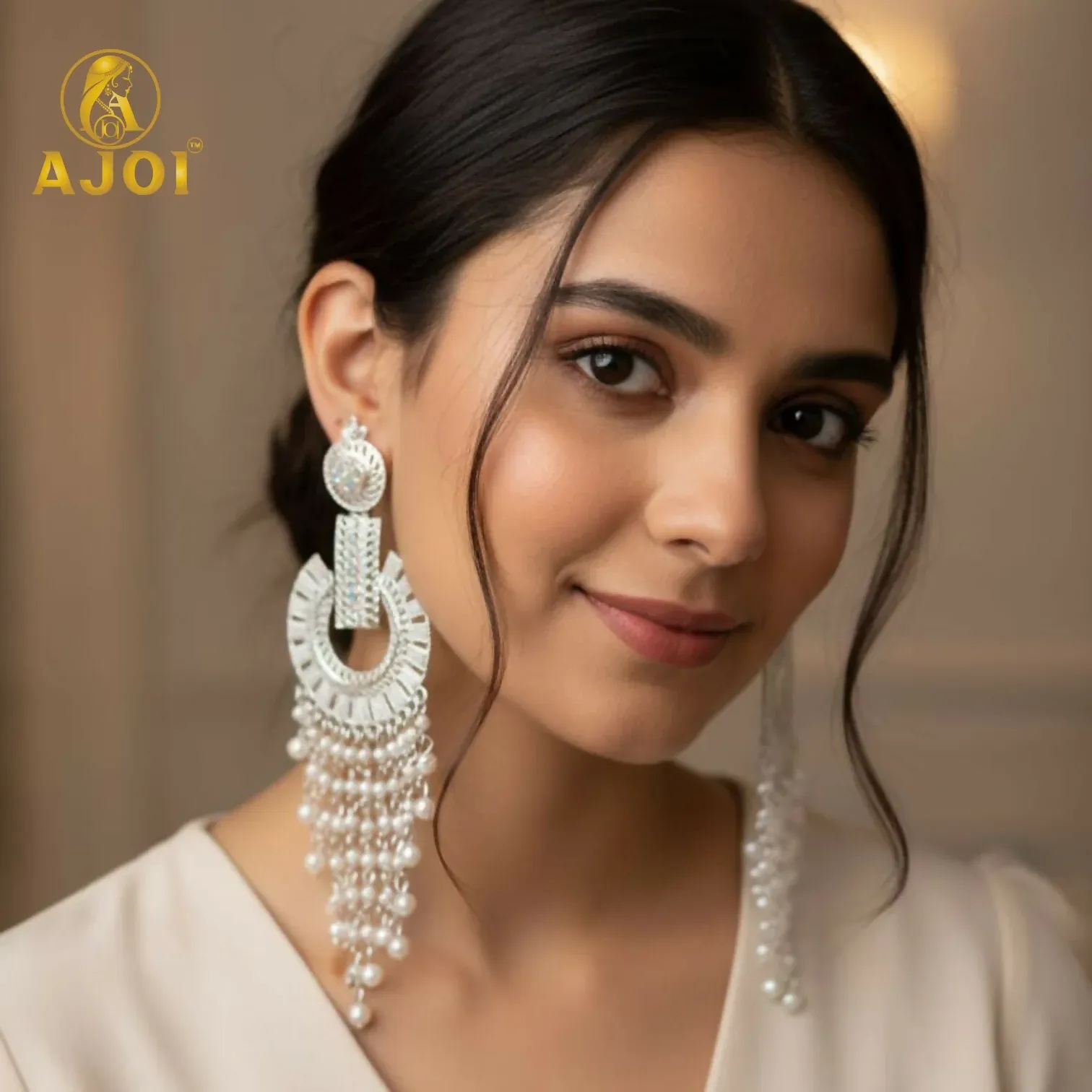 Silver-Tone Pearl Tassel Statement Earrings for Festive Wear - Detailed Feature View 1