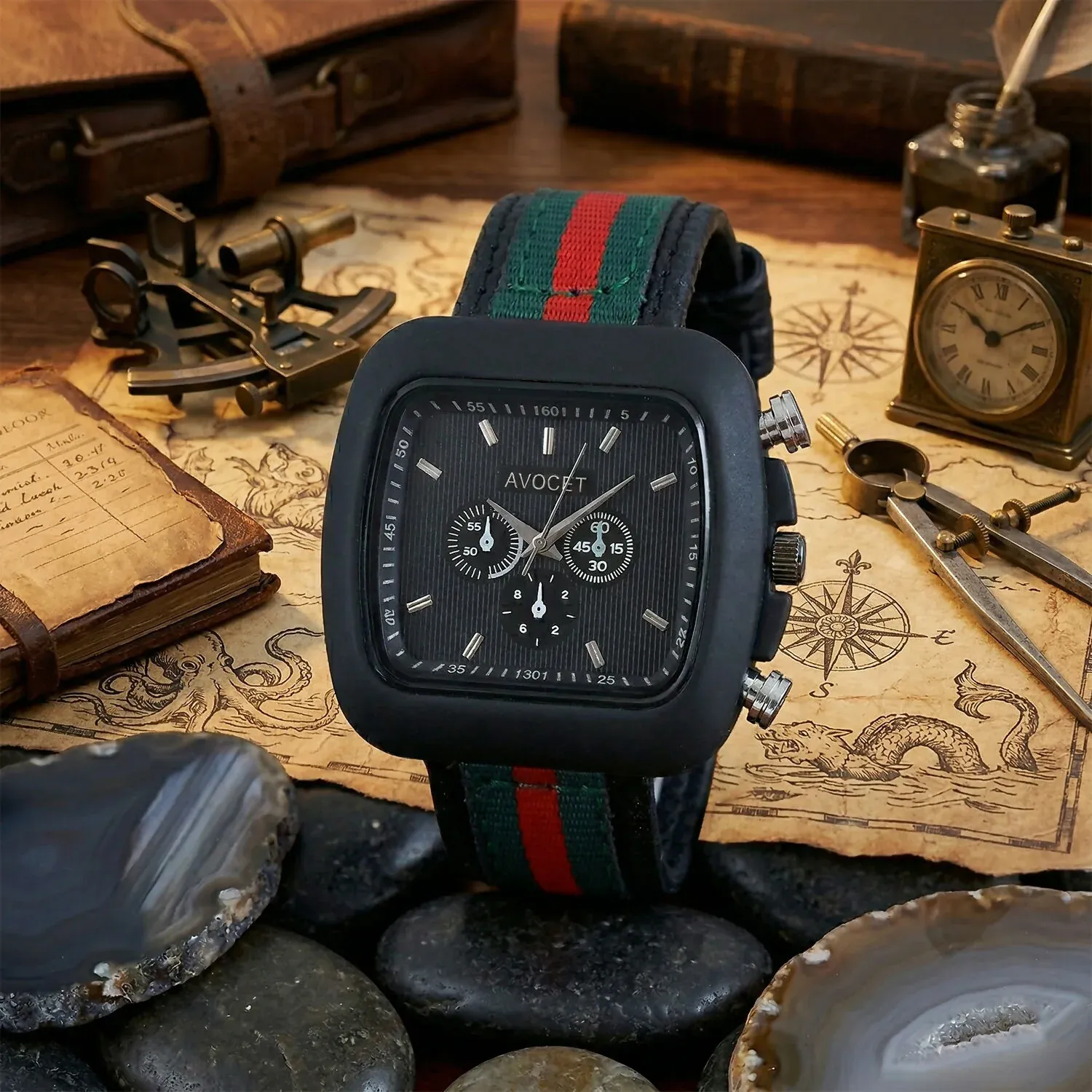 Stylish Black Square Dial Analog Watch with Striped Strap & Metal Case - Detailed Feature View 4